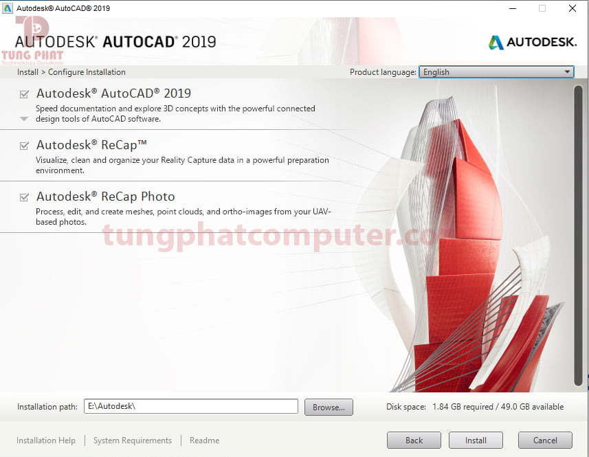 Chọn đường dẫn, nhấn Install để bắt đầu cài AutoCAD 2019