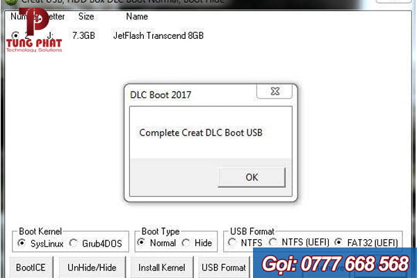Đợi đến khi hiện Complete Creat DLC Boot USB thì nhấn ok
